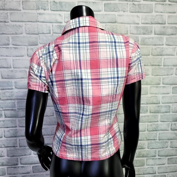 Vintage Y2K Esprit JRS M Pink Plaid Cotton S/S Button Front Shirt Preppy - Picture 6 of 8